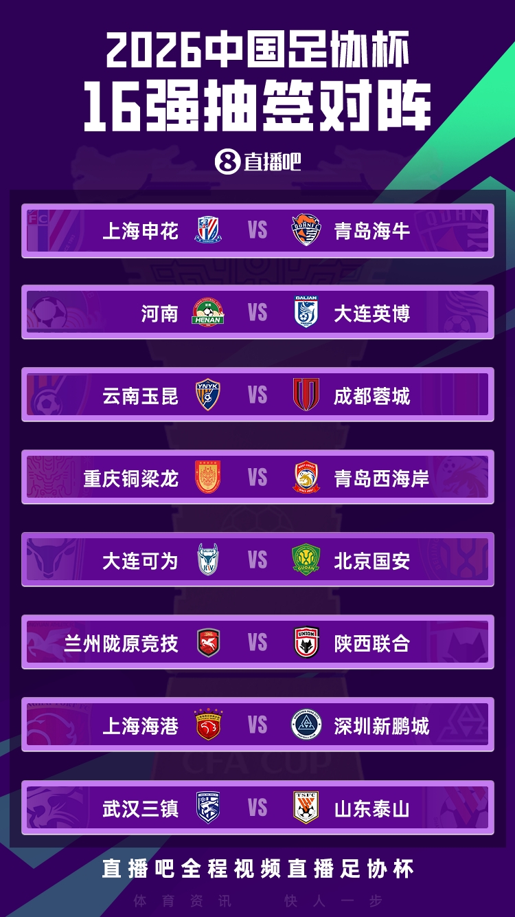 足协杯16强抽签落定：西北德比上演，泰山三镇再碰面