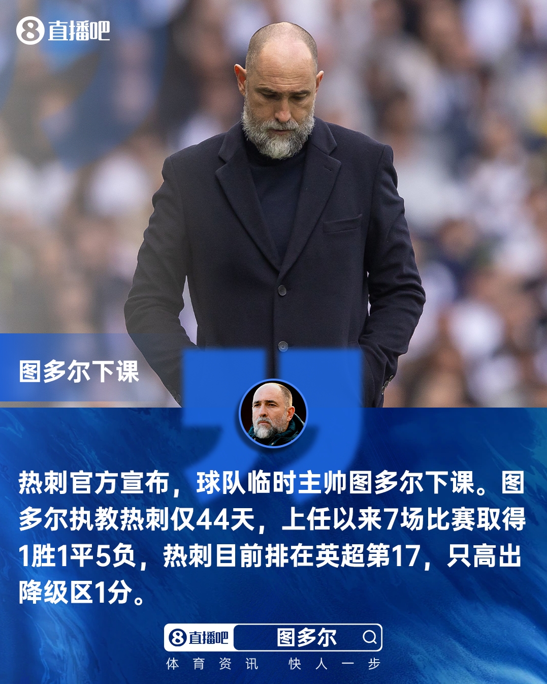 热刺官宣图多尔下课 罗马诺曝德泽尔比成头号目标