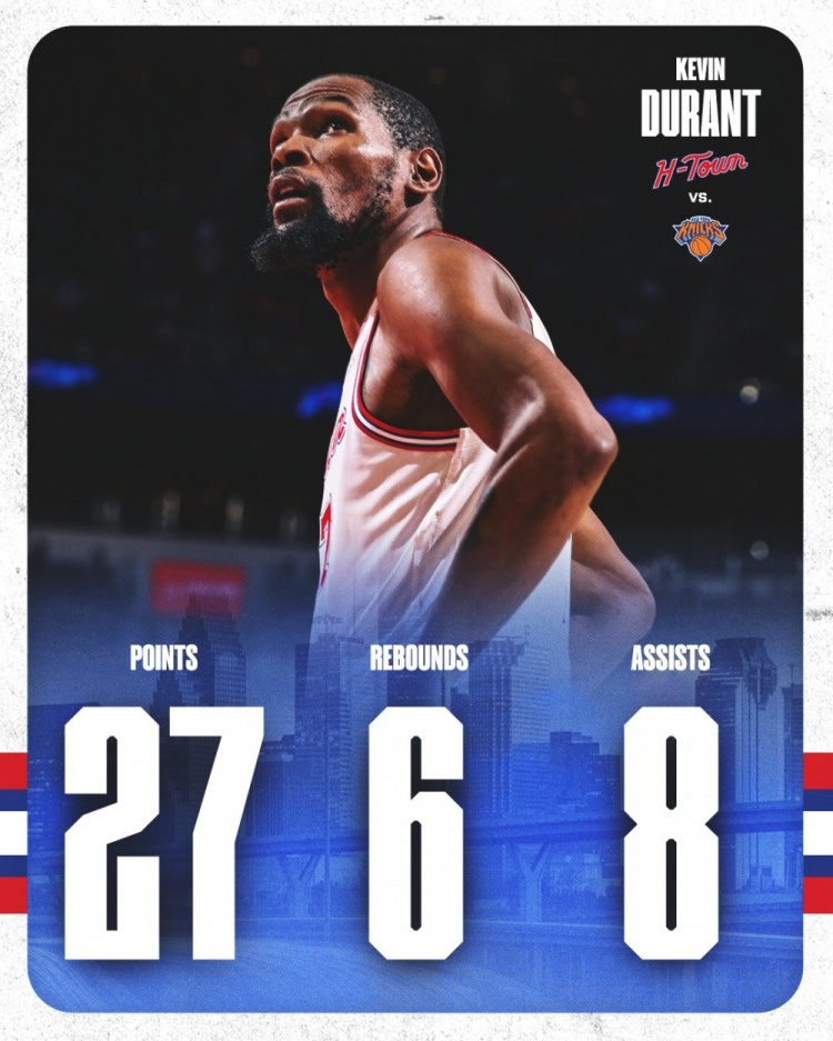 火箭主场大胜尼克斯 官方发布五人首发及第六人数据海报