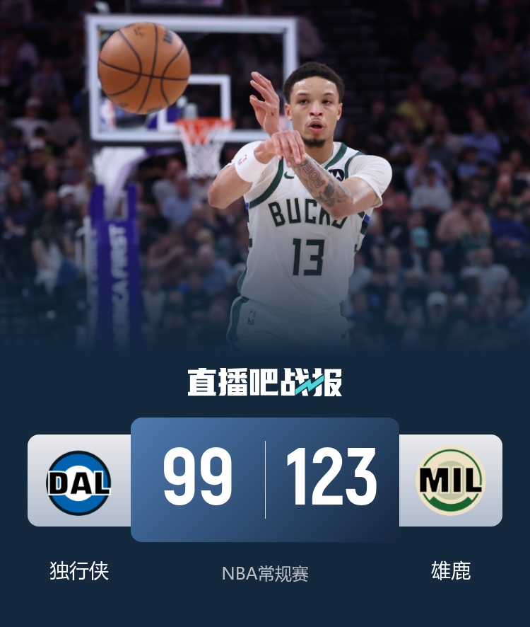 雄鹿主场大胜独行侠终结四连败 罗林斯准三双弗拉格空砍两双