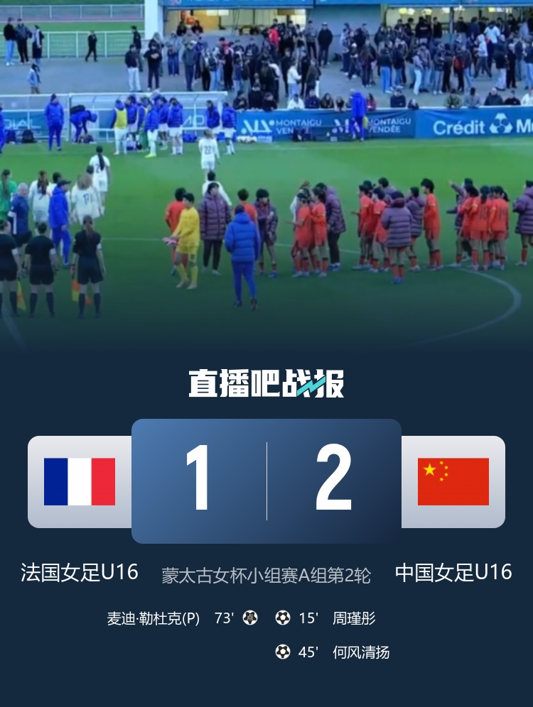 U16女足客胜法国取两连胜 周瑾彤任意球世界波何风清扬低射建功