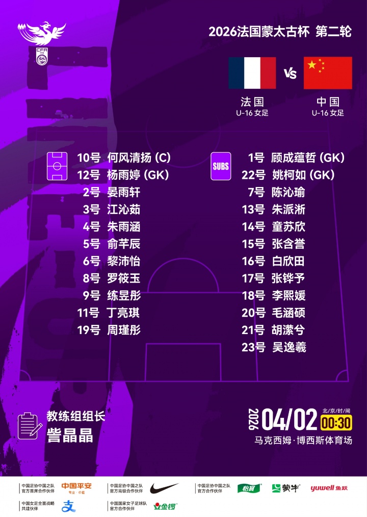 U16女足客胜法国取两连胜 周瑾彤任意球世界波何风清扬低射建功