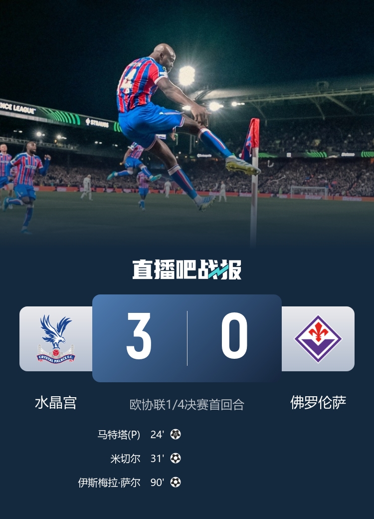 水晶宫主场三球完胜佛罗伦萨 欧协联晋级天平倾斜