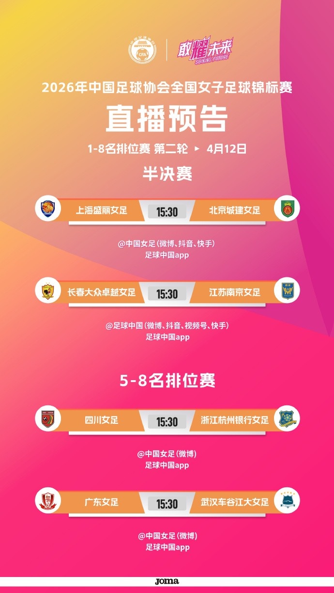 全国女足锦标赛半决赛12日打响 沪京长苏捉对厮杀