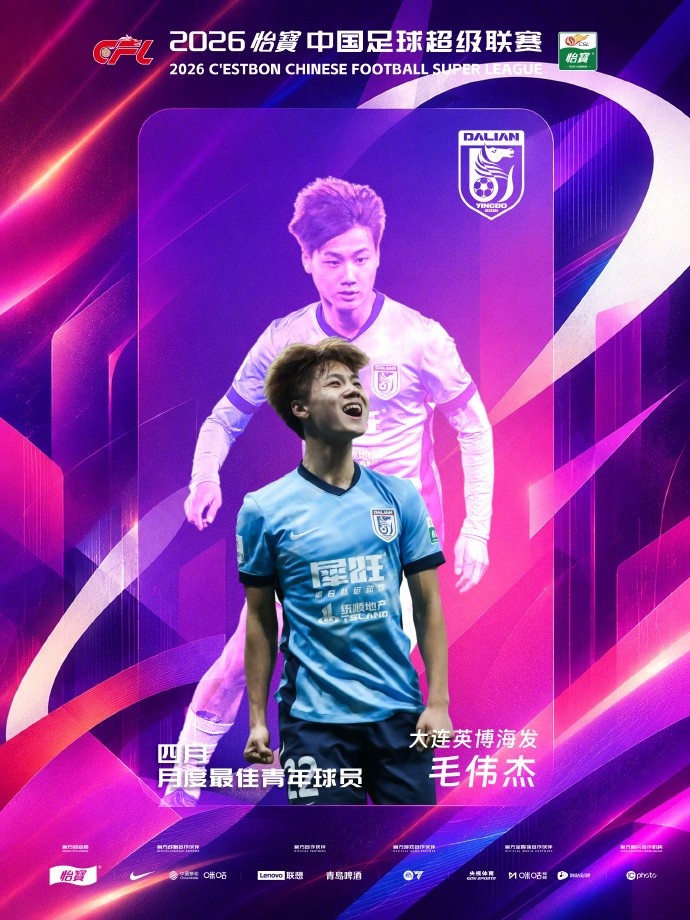 官方：毛伟杰当选4月最佳青年球员，改打后卫贡献1球1助攻