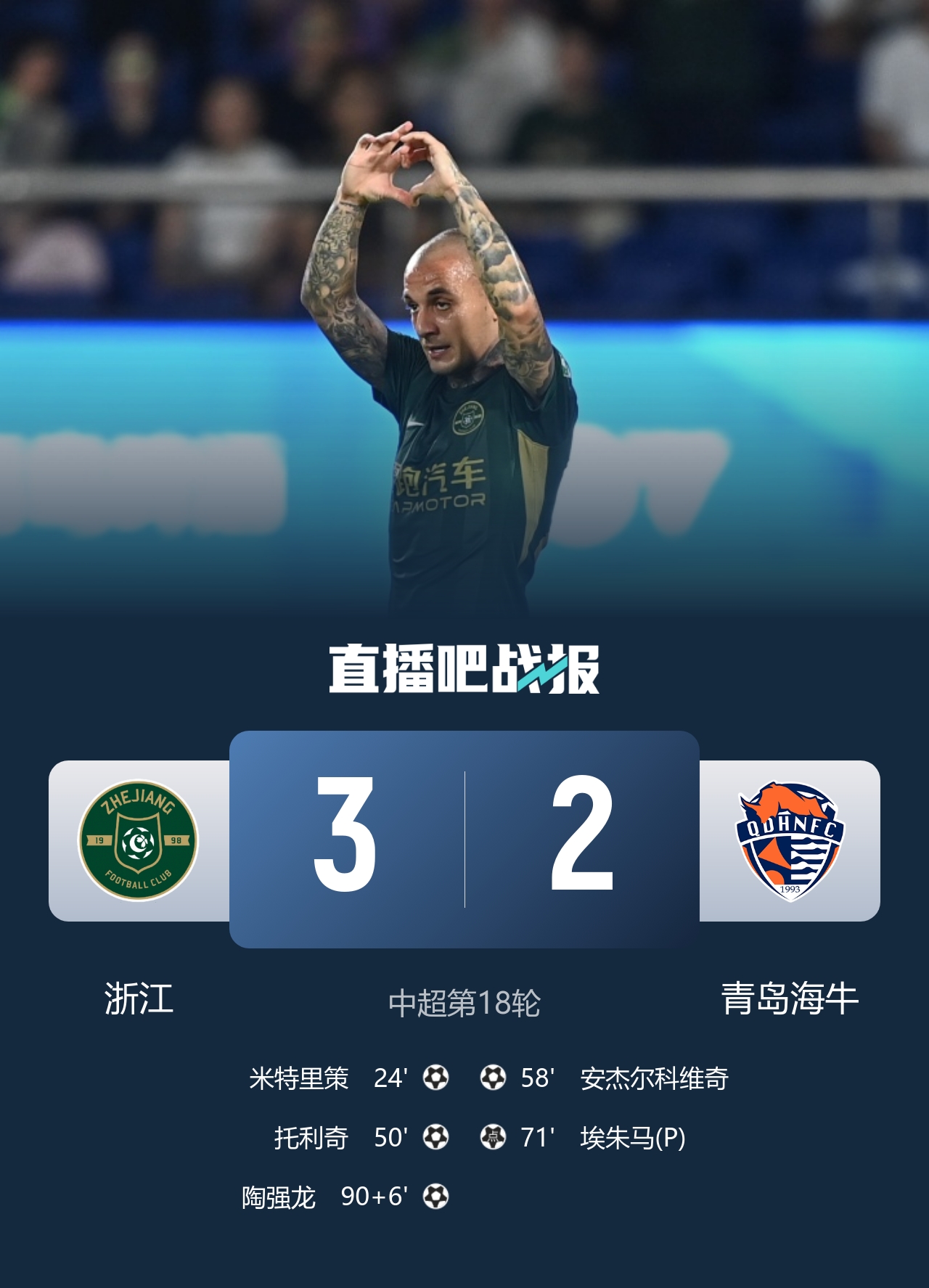 陶强龙替补绝杀 浙江3-2海牛终结两连败