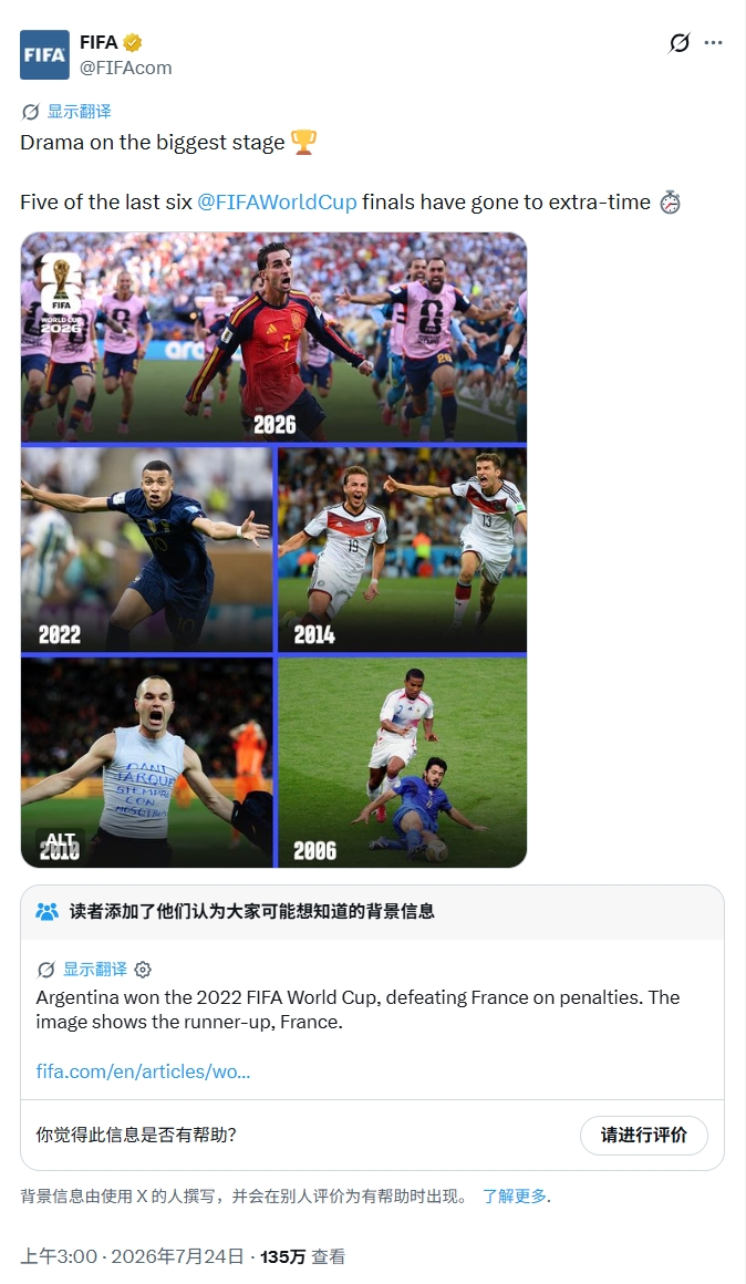FIFA官方社媒翻车：用姆巴佩图代指2022世界杯冠军