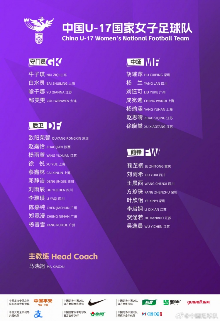 中国U-17女足30人集训名单公布 马晓旭挂帅备战2026世界杯