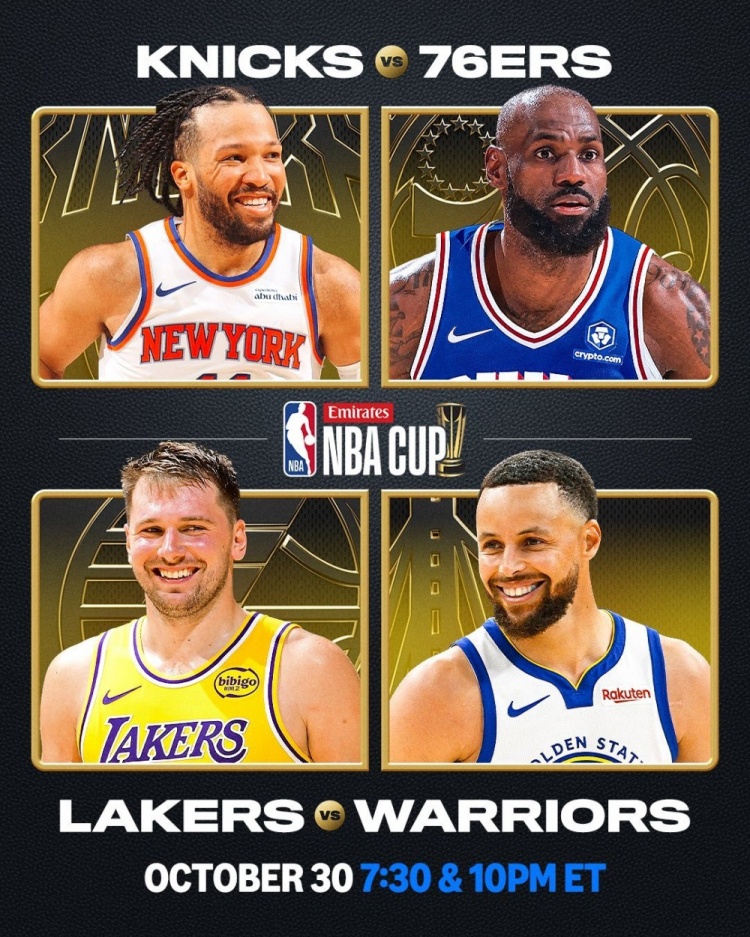 NBA杯首日赛程公布 尼克斯76人打头阵 湖人勇士压轴