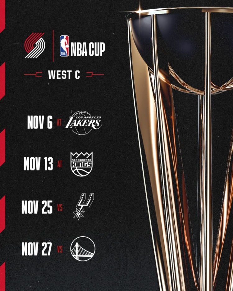 NBA杯赛程出炉：开拓者连碰洛城双雄，主客场分区精准落位