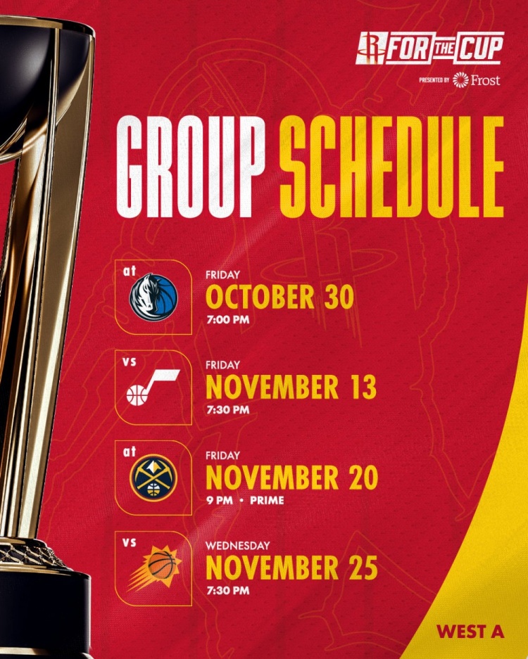 NBA杯西部A组赛程确定 火箭首战客场独行侠