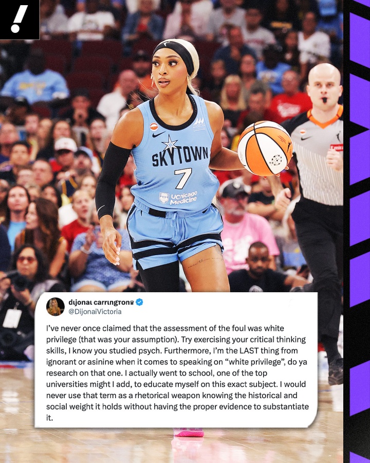 WNBA卡林顿二级恶犯驱逐后发文:白人特权言论不针对犯规 WNBA卡林顿二级恶犯驱逐后发文:白人特权言论不针对犯规